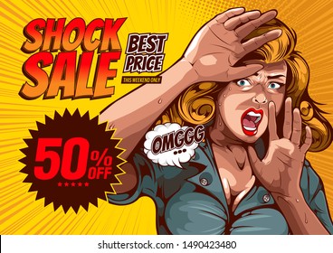 shock sale, The image of a woman lifting her hand, protecting herself and having extreme fear, comic cover template on yellow background.