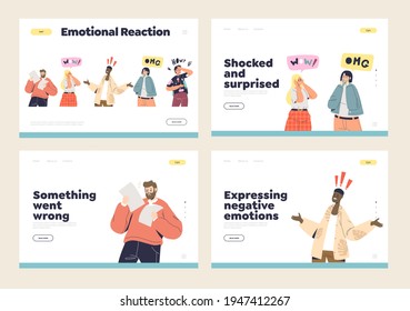 Shock and surprise emotion and reactions set of template landing pages with shocked astonished cartoons and surprised face expressions. Amazed frustrated people. Vector illustration