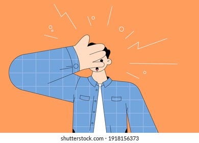 Shock, surprise, feeling embarrassed concept. Young surprised man cartoon character feeling shock covering face and eyes with hand, looking through fingers vector illustration