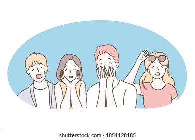 Shock, surprise, frustration, anxiety, worrying, confusion, panic concept. Group of teenagers cartoon characters feeling shock and panic with open mouth and covering faces with hands 