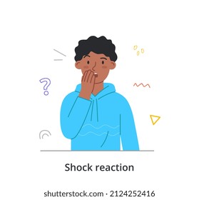 Shock and surprise reactions abstract concept. Young man hears bad news, surprised and covers his mouth with his hand. Emotional reaction to negative information. Cartoon flat vector illustration
