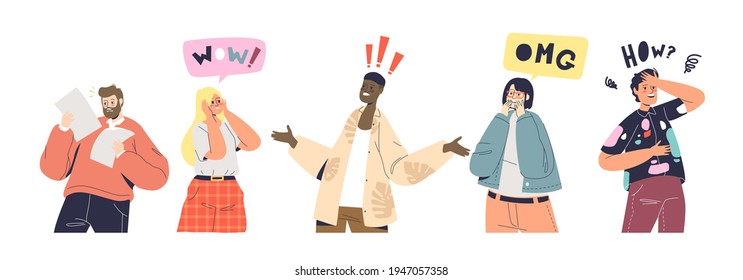 Shock and surprise reactions set. Excited and frustrated cartoon characters with surprised and shocked emotions on good or bad news. Emotional gesturing people. Vector illustration