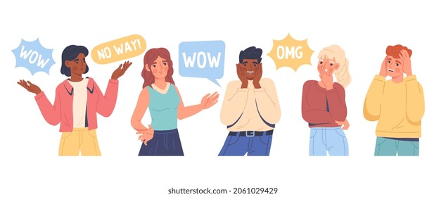 Shock and surprise reactions set. Young men and women with joyful or confused emotions from good news. Character says OMG and WOW. Cartoon modern flat vector collection isolated on white background