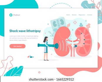 Shock wave lithotripsy. Splitting and removal of stones in the kidneys. Web banner design template. Medical flat vector illustration.