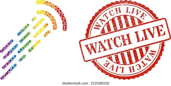 Shock wave mosaic icon of round items in variable sizes and spectrum colorful color tinges. Red round textured watermark with Watch Live caption. A dotted LGBT- colored shock wave for lesbians, gays,