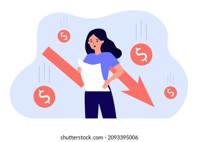 Shock Of Woman Reading Bad News About Financial Crisis. Person With Red Arrow And Falling Money Flat Vector Illustration. Stock Market Crash Down Concept For Banner, Website Design Or Landing Web Page