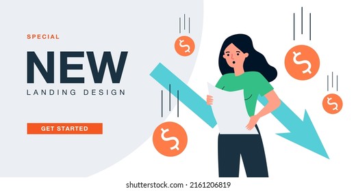 Shock Of Woman Reading Bad News About Financial Crisis. Person With Red Arrow And Falling Money Flat Vector Illustration. Stock Market Crash Down Concept For Banner, Website Design Or Landing Web Page