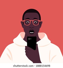 Shocked African man looks into his smartphone. Portrait of a guy who opened his mouth in surprise. Vector flat illustration