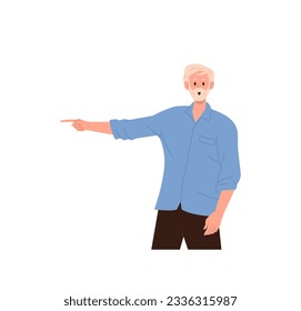 Shocked amazed senior man character pointing right with forefinger standing on white background