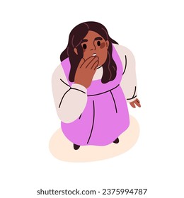 Una mujer asombrada sorprendida mirando hacia arriba. Encabezamiento, visión de arriba hacia abajo sobre emociones de miedo asombrosas, cara femenina. Sorprendida persona cubriendo la boca con palma. Ilustración vectorial plana aislada en fondo blanco