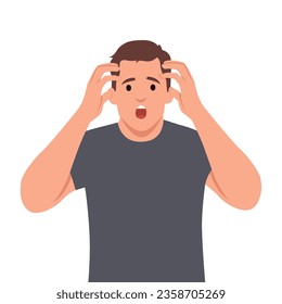 Shocked or amazed young business man holding hands on head and keeping mouth open. Headache pain or stress. Flat vector illustration isolated on white background