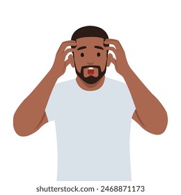 Shocked or amazed young business man holding hands on head. Flat vector illustration isolated on white background