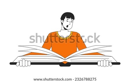 Shocked asian man reading big book flat line color vector character. Editable outline half body education character on white. Simple cartoon spot illustration for web graphic design