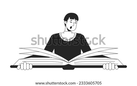 Shocked asian man reading big book flat line black white vector character. Editable outline half body education character on white. Simple cartoon spot illustration for web graphic design