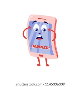 Shocked because of internet block mobile phone cartoon character with sign Banned on screen isolated on white background - flat vector illustration of lock access to web pages concept.
