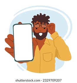 Impactado Personaje De Hombre Negro Mostrando Su Pantalla De Smartphone, Su Expresión Llena De Sorpresa Y Asombro Mientras Comparte Algo Inesperado. Ilustración de vectores de personas de caricatura