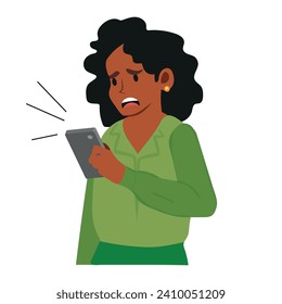 Shocked Black woman looks at mobile phone with fear and anxiety. African American girl looks at her smartphone with amazing expression. Business character vector illustration