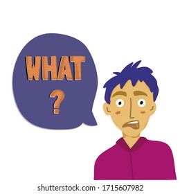 Shocked boy character with what word in speech balloon. Vector concept of fear, misunderstanding and anger