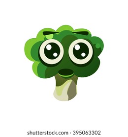 Shocked Broccoli Emoji Flat Vector Illustration In Primitive Cartoon Style Isolated On White Background