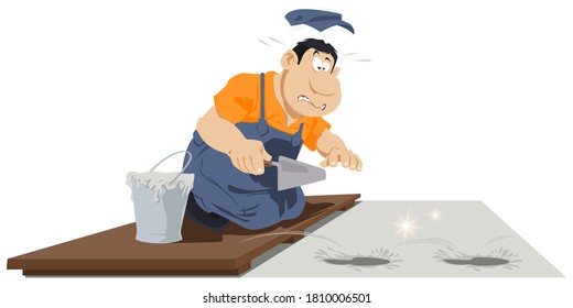 Shocked builder is looking on spoiled job. Illustration for internet and mobile website. 