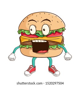 shocked burger cartoon character with funny expression