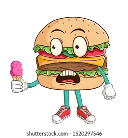 Shocked burger cartoon character holding melted ice cream with funny expression