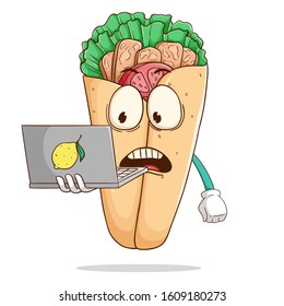 Shocked burrito cartoon character holding a laptop with expression