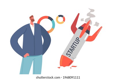 Shocked Business Man Looking on Burning Spaceship or Rocket Fall Down on Ground. Businessman Disappointed and Sad of Company Startup Idea Fail. Bad luck, Misfortune Fiasco. Cartoon Vector Illustration