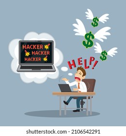 Shocked businessman with computer hacker attack and stealing money fly away, Illustration vector cartoon