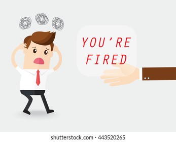 shocked businessman or employee getting text you are fired! from boss or manager