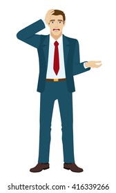 Shocked businessman gesturing. Vector illustration.
