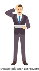 Shocked Businessman holding digital tablet PC and grabbed his head. Full length portrait of Businessman in a flat style. Vector illustration.