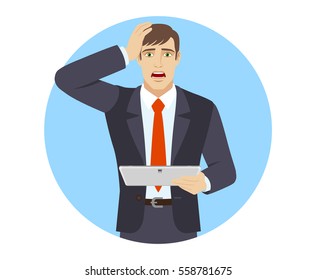 Shocked businessman holding digital tablet PC and grabbed his head. Portrait of businessman in a flat style. Vector illustration.