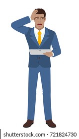 Shocked businessman holding digital tablet PC and grabbed his head. Full length portrait of Black Business Man in a flat style. Vector illustration.