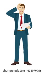 Shocked businessman holding his head. The businessman saw something shocking in the document. Vector illustration.