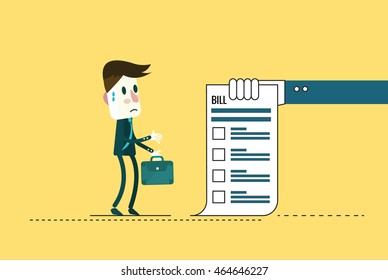 Shocked businessman looking at his bills.  flat character design. vector illustration