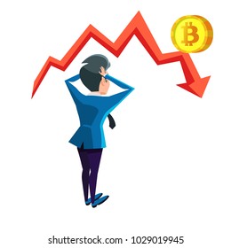 Shocked Businessman Looking on Bitcoin Crash Graph. Cryptocurrency Market Concept. Vector illustration