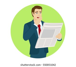 Shocked businessman reading a newspaper. Bad news. Portrait of businessman in a flat style. Vector illustration.
