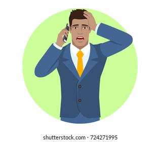 Shocked businessman talking on the mobile phone and grabbed his head. Portrait of Black Business Man in a flat style. Vector illustration.