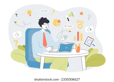 Shocked businessman working on laptop vector illustration. Man analyzing sales, marketing, project management, networking and partnership in infographics. Business development, success concept
