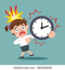 Shocked Businesswoman Holding Clock Standing, illustration vector cartoon