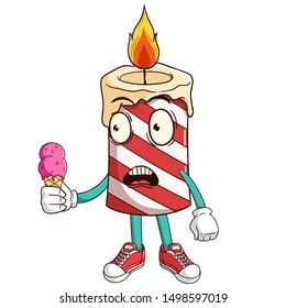 Shocked candle cartoon character holding melted ice cream with funny expression