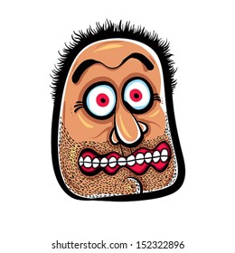 Shocked cartoon face with stubble, vector illustration.