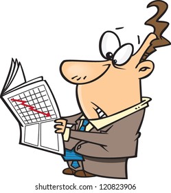 shocked cartoon man reading the paper with the stock market arrow going down