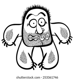Shocked cartoon monster with stubble, black and white lines vector illustration.