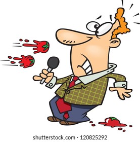 shocked cartoon stand up comic man having tomatos thrown at him