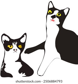 Shocked cat, baring teeth, cute cat, black and white, vector illustration, cartoon