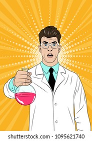 Shocked chemist with open mouth. The laboratory assistant holds a flask on a yellow dots background. Vector illustration of a pop art style