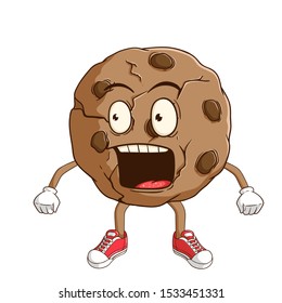 shocked chocolate chip cookie cartoon character with funny expression