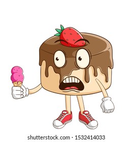 Shocked chocolate pudding cartoon character holding melted ice cream with funny expression